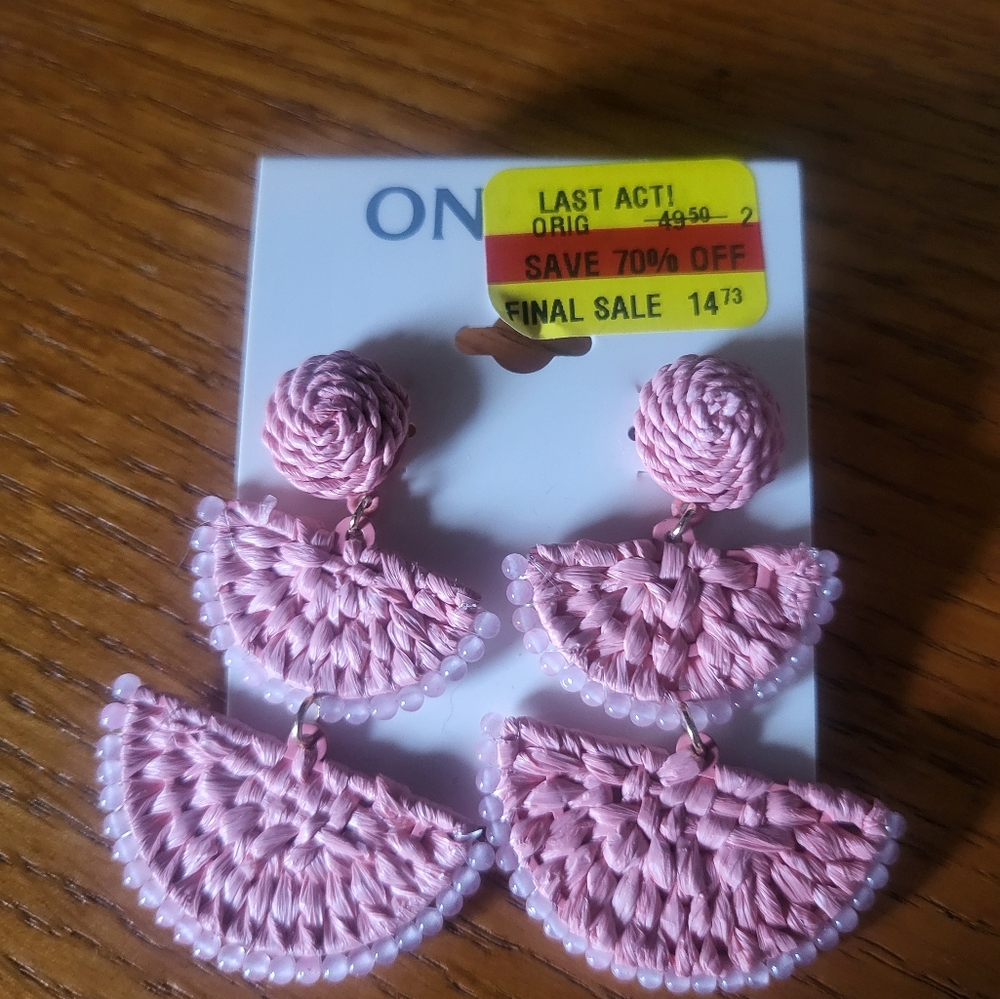 Pink Woven Earrings with Bead Trim
